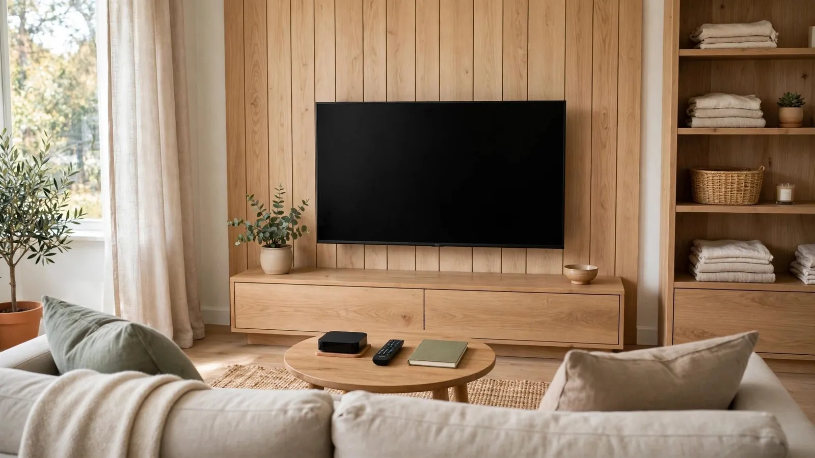 Pokój dzienny wyposażony w miękką sofę oraz wyłączony telewizor na ścianie.