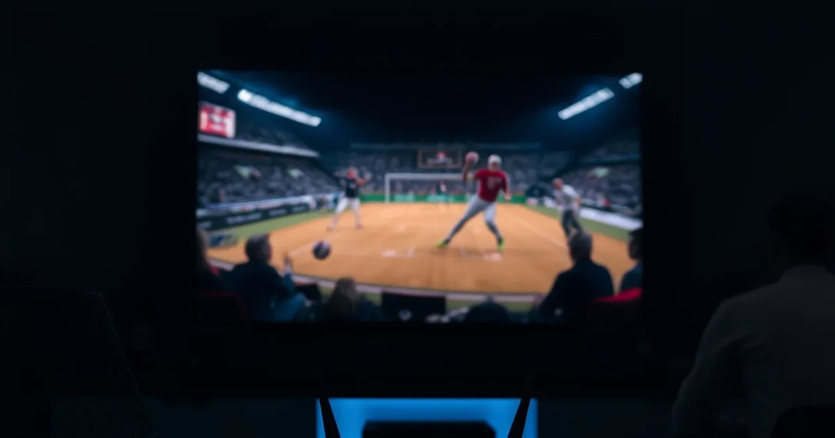 Ciemny salon nocą, telewizor z transmisją sportową na żywo, kabel Ethernet prowadzący od routera do boxa streamującego