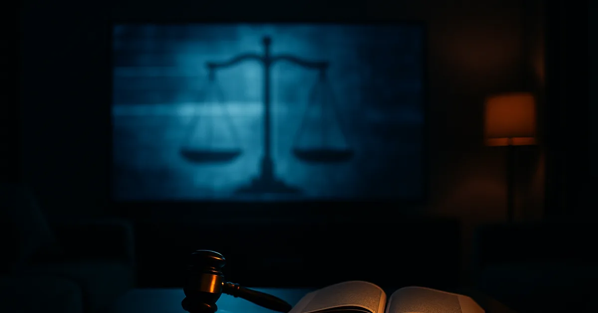 Ciemny salon nocą oświetlony niebieskim blaskiem telewizora, na stole sędziowski młotek i otwarta księga prawa jako symbol legalności IPTV w Polsce