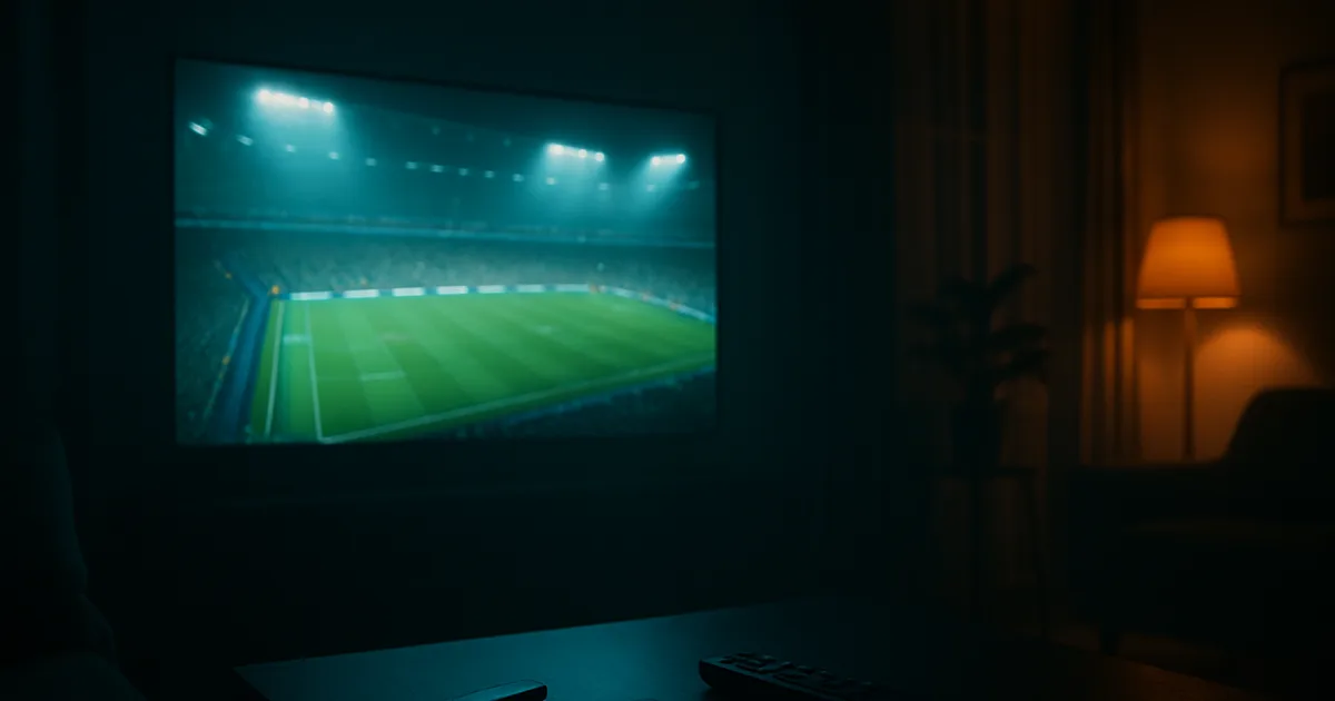 Ciemny salon nocą, na ścianie telewizor z transmisją meczu piłkarskiego na oświetlonym stadionie, na stoliku pilot, smartfon i odtwarzacz streamingowy w niebieskiej poświacie ekranu