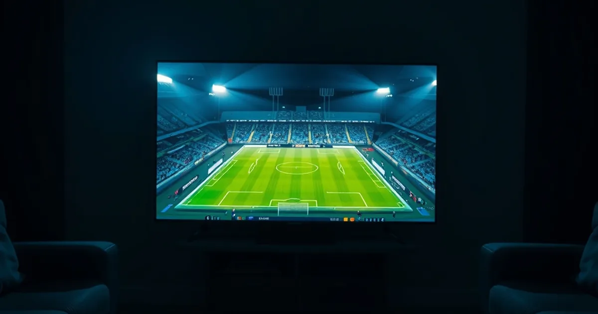 Ciemny salon nocą, na dużym telewizorze mecz piłkarski widziany z lotu ptaka na oświetlonym stadionie, obok pilot i smartfon na stoliku