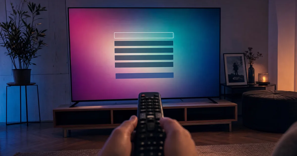 Konfiguracja aplikacji IPTV krok po kroku na telewizorze z pilotem w dłoni w ciemnym salonie
