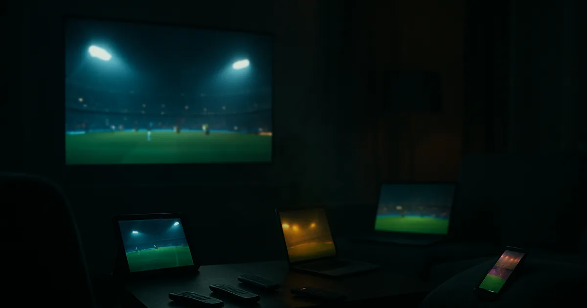 Ciemny salon nocą z czterema świecącymi ekranami — telewizorem, tabletem, laptopem i telefonem — z których każdy pokazuje inny mecz piłkarski, oraz czterema pilotami leżącymi na stoliku.