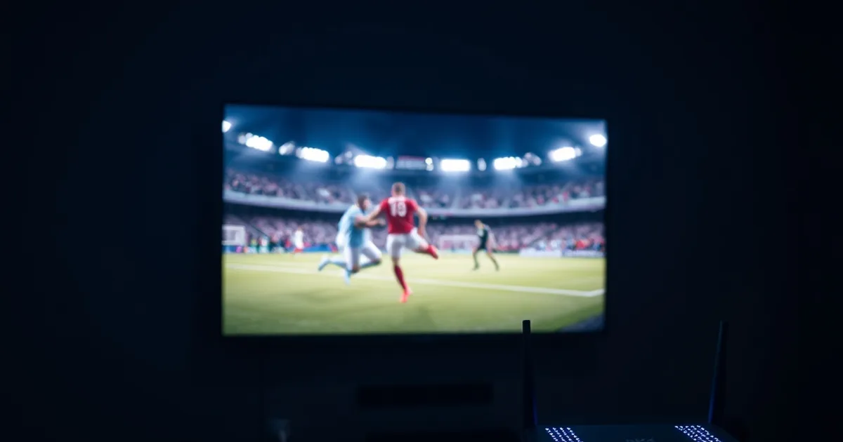 Ciemny salon nocą, telewizor 4K z transmisją meczu i router podłączony kablem ethernet w tle