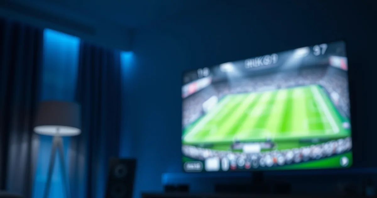 Przystawka streamingowa podłączona do telewizora w ciemnym pokoju, na ekranie poświata transmisji meczu na żywo