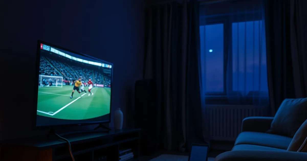 Ciemny, kinowy kadr salonu wieczorem: telewizor podłączony kablem Ethernet do routera, w tle tablet i telefon na kanapie