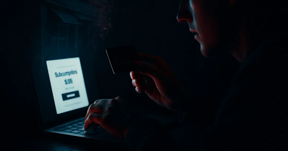 Dłonie zawieszone nad klawiaturą laptopa nocą, karta płatnicza trzymana z wahaniem nad klawiszami, ekran świeci zbyt tanią ofertą abonamentu, w tle rozpadająca się w cyfrowy pył sylwetka znikającego sprzedawcy.