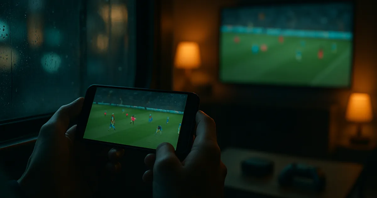 Ręce trzymające telefon z Androidem z transmisją meczu w tramwaju, a w tle rozmyty duży telewizor w ciemnym salonie z tym samym meczem i Android TV Boxem na stoliku.
