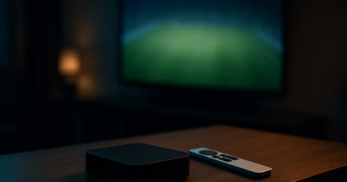 Czarny box streamingowy typu Apple TV i smukły pilot na drewnianej szafce RTV w ciemnym salonie, w tle telewizor z rozmytym zielonym światłem boiska piłkarskiego.