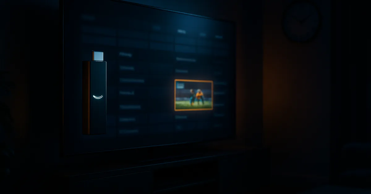 Ciemny salon nocą, telewizor z rozświetloną siatką programu TV i podświetloną pozycją zakończonego meczu w archiwum, mała przystawka streamingowa wpięta w port HDMI, zegar wskazujący drugą w nocy.