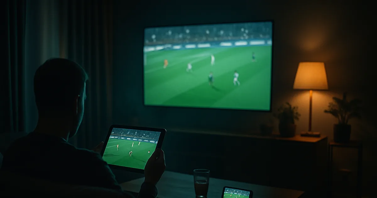 Ciemny, kinowy salon wieczorem: duży telewizor z meczem piłkarskim, obok tablet i smartfon z innymi transmisjami — kilka ekranów IPTV grających jednocześnie podczas MŚ 2026.
