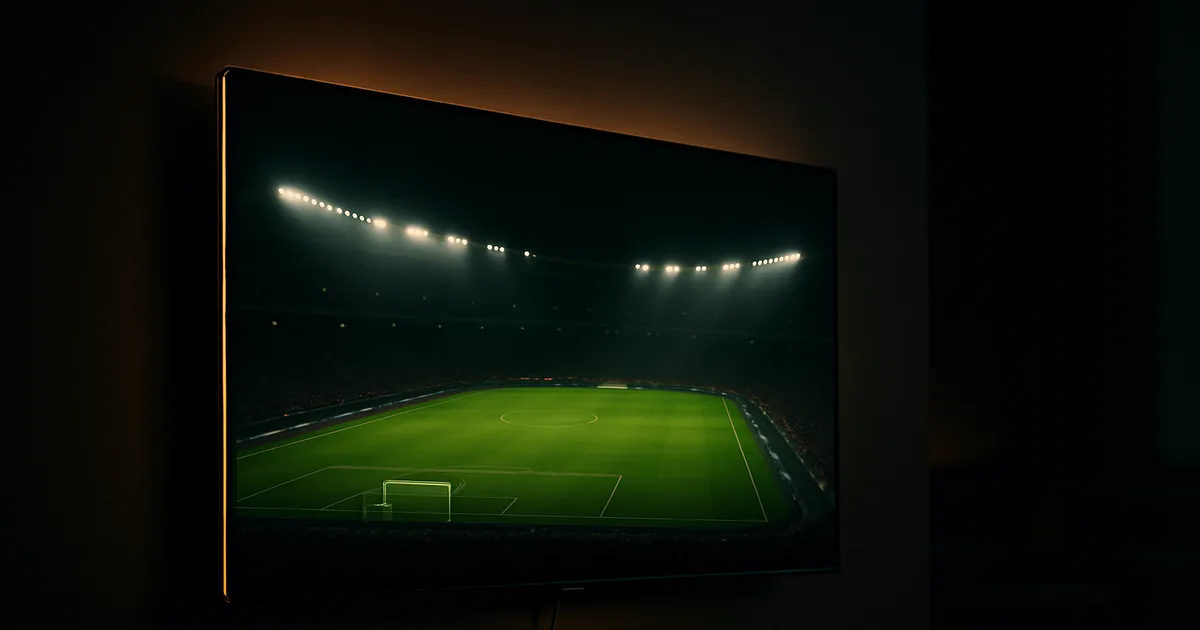 Ciemny salon z premium telewizorem OLED na ścianie wyświetlającym ostry obraz nocnego meczu piłkarskiego w 4K, z podłączonym kablem sieciowym sugerującym stabilne łącze na finał mundialu