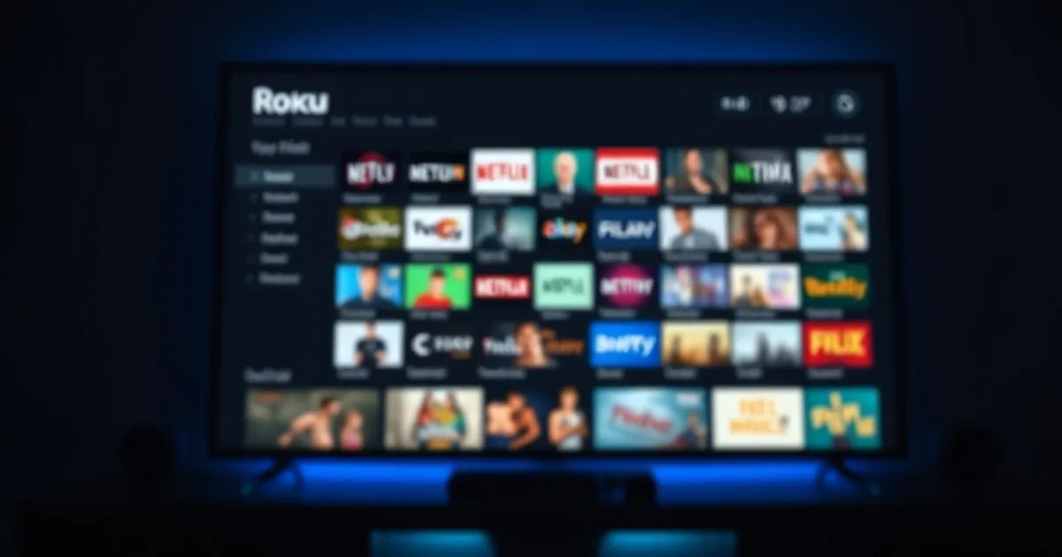 Pilot Roku na stoliku przed telewizorem wyświetlającym siatkę kanałów IPTV w ciemnym pomieszczeniu