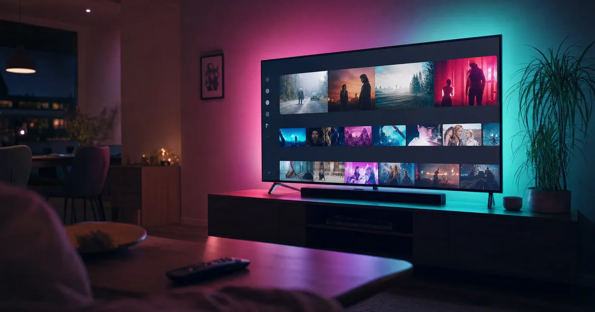 Telewizor Smart TV z interfejsem aplikacji IPTV z kanałami i filmami, chłodne wieczorne światło w salonie