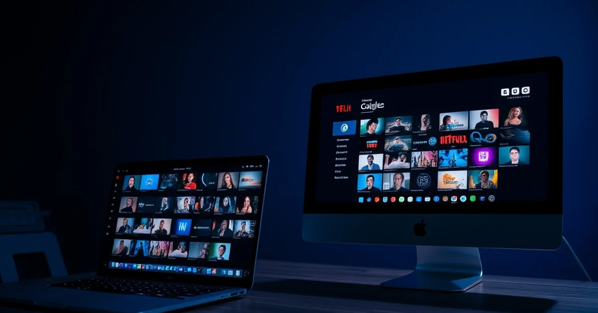 Laptop i komputer Mac na biurku nocą, ekrany z siatką kanałów telewizyjnych w klimatycznym niebiesko-fioletowym świetle