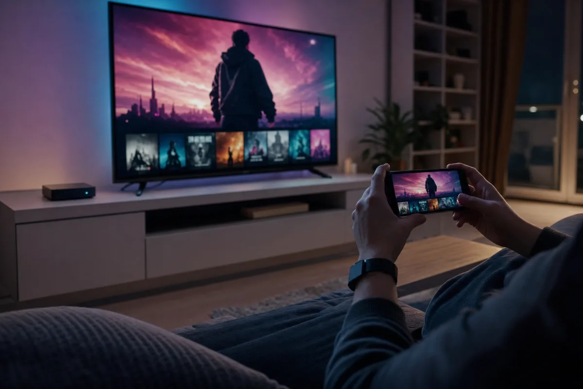 Box IPTV i smartfon pokazujące tę samą ofertę obok dużego telewizora w ciemnym salonie
