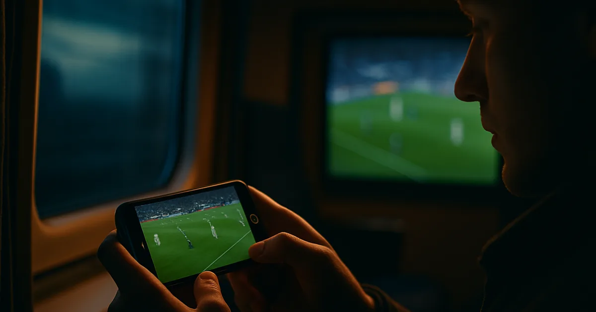 Dłonie trzymające iPhone’a z transmisją meczu piłkarskiej fazy pucharowej, w tle rozmyty telewizor pokazujący ten sam mecz — ciemna, kinowa scena.