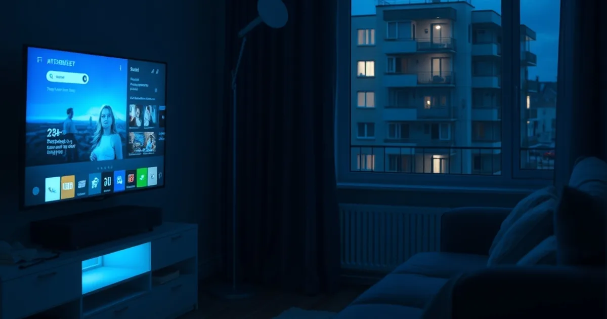 Ciemny, kinowy kadr salonu o zmierzchu — ekran telewizora emituje niebieskie światło aplikacji streamingowej, w tle za oknem widać talerz satelitarny na elewacji bloku.