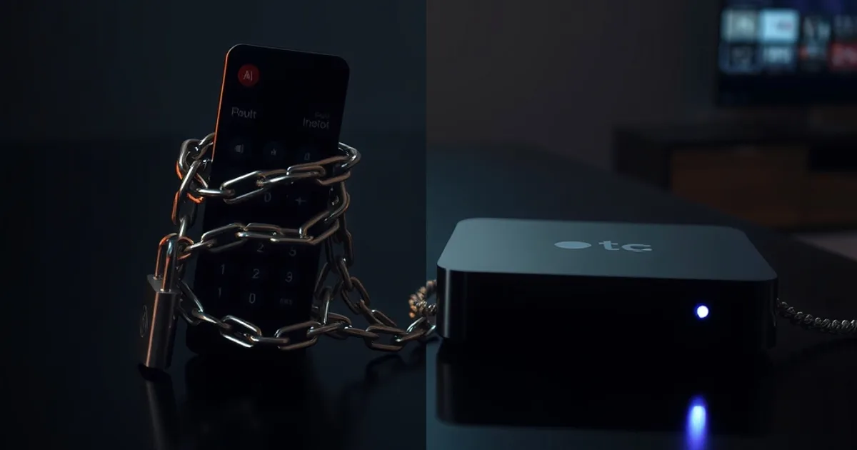 Pilot od telewizji kablowej owinięty łańcuchem z kłódką obok podświetlonego streaming boxa — symbol umowy na 24 miesiące kontra elastyczność IPTV