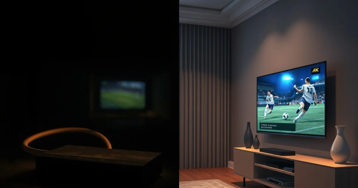 Kontrast między starym dekoderem kablowym w cieniu a nowoczesnym telewizorem ze streamingiem meczu piłkarskiego w ciemnym, kinowym wnętrzu