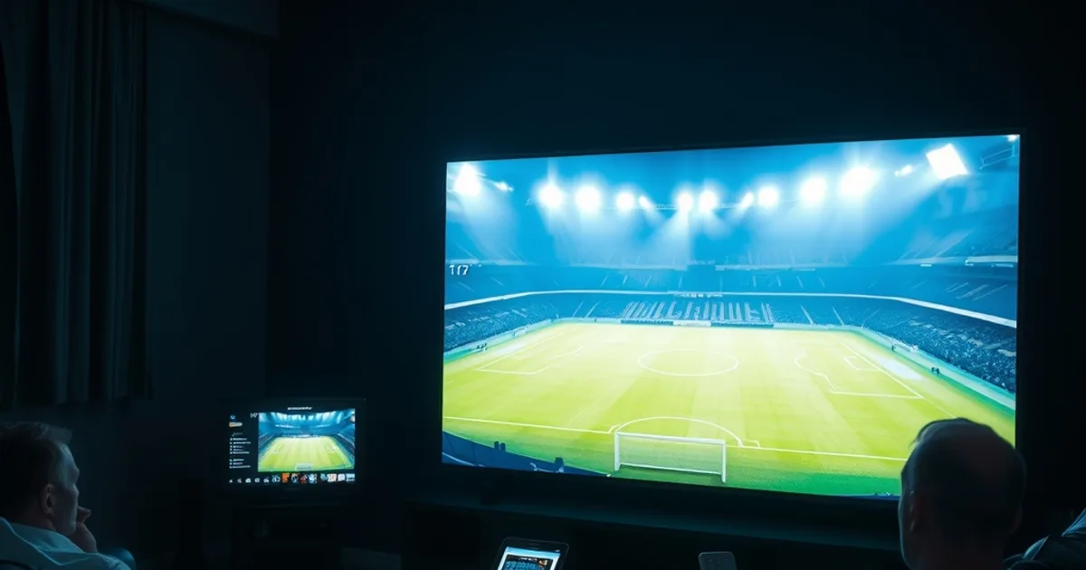 Ciemny, kinowy kadr: osoba wieczorem w nowoczesnym salonie ogląda mecz piłkarski na dużym telewizorze, trzymając pilota, obok świeci tablet z harmonogramem transmisji.