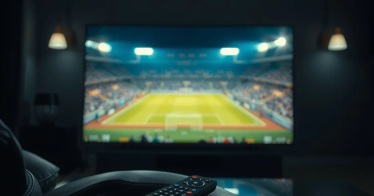 Ciemny salon nocą, telewizor emituje blask oświetlonego stadionu piłkarskiego, pilot leży na oparciu fotela