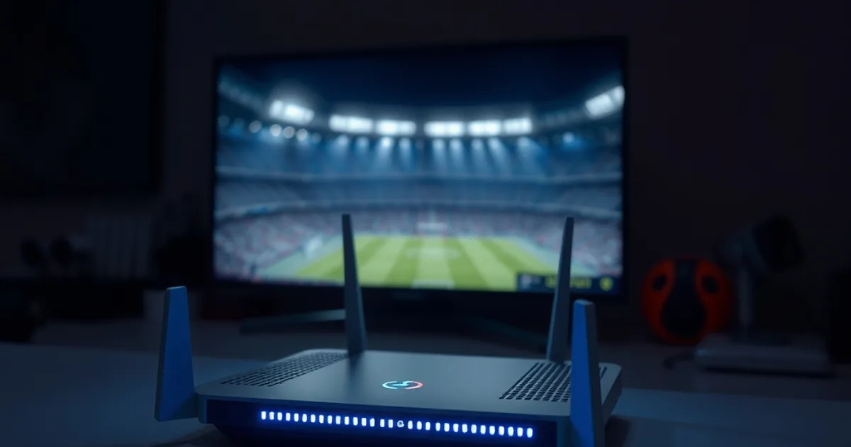 Router z podświetlonymi diodami LED w ciemnym pomieszczeniu, w tle rozmyty telewizor z transmisją meczu na żywo