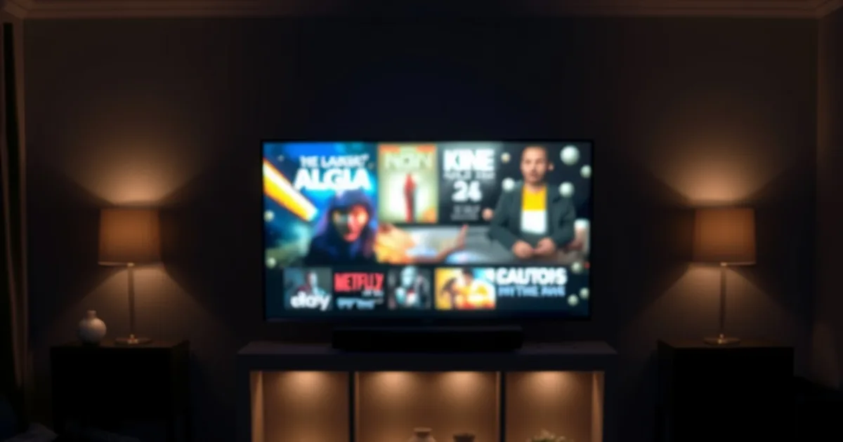 Ciemny, kinowy salon nocą z czterema jednocześnie świecącymi ekranami — telewizorem, tabletem, telefonem i laptopem — symbolizującymi rodzinne konto IPTV oglądane na wielu urządzeniach naraz