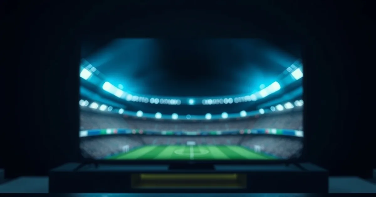 Ciemny salon nocą, telewizor z poświatą stadionowych świateł, pilot na stole — klimat wieczoru meczowego Ligi Europy