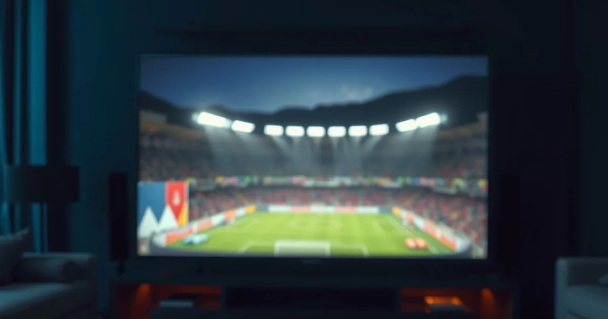 Ciemny salon nocą z telewizorem pokazującym rozświetlony stadion nad morzem — klimat czwartkowego wieczoru rewanżu Ligi Konferencji