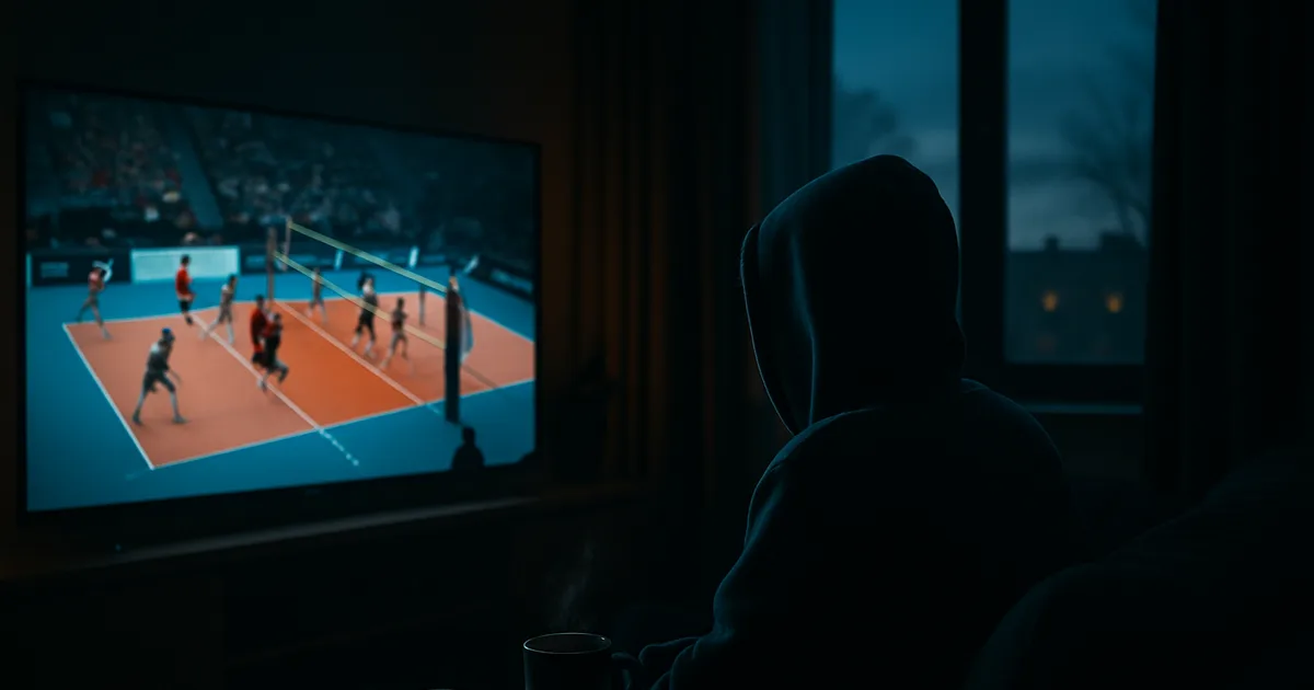 Kibic ogląda nad ranem mecz siatkówki na dużym telewizorze Smart TV w ciemnym salonie, obok telefon z tą samą transmisją i parująca kawa, za oknem świt.