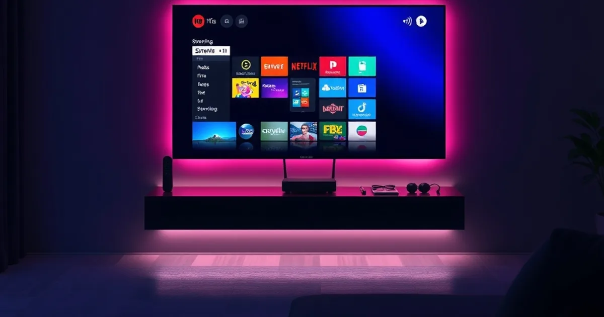 Ciemny, kinowy kadr salonu nocą: telewizor podzielony na dwa obrazy — nowoczesną aplikację streamingową i klasyczny dekoder z kablami, symbolizujące starcie OTT z tradycyjnym bundlem operatora.