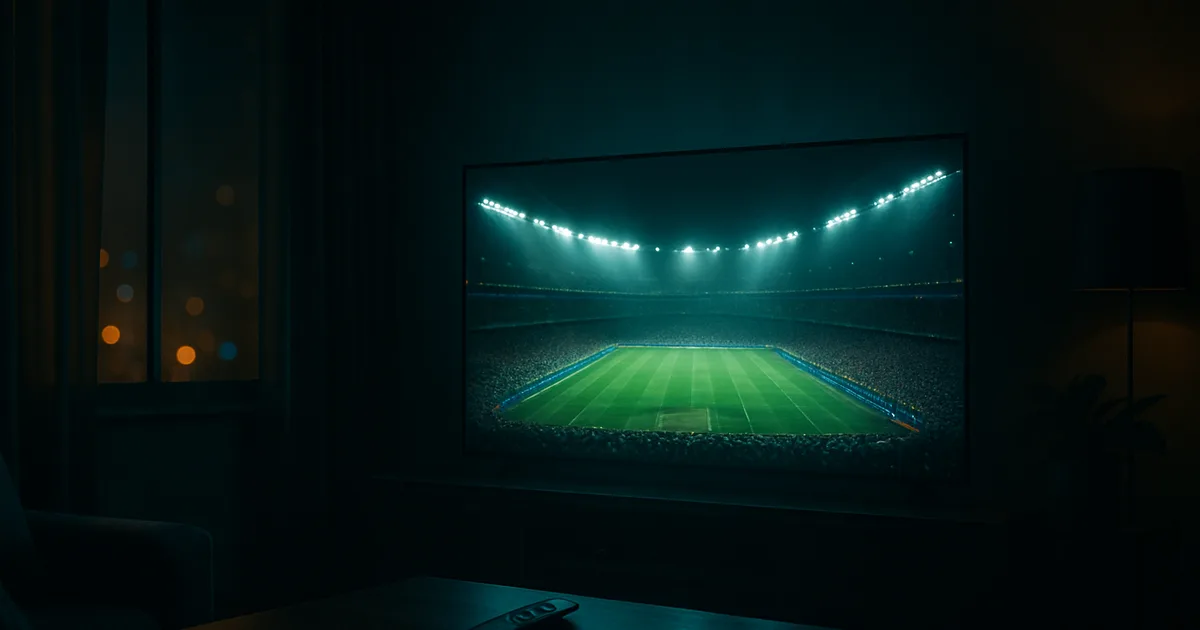 Ciemny salon nocą oświetlony telewizorem 4K, na którym widać rozświetlony stadion piłkarski podczas meczu mundialu; na stoliku przystawka streamingowa i smartfon