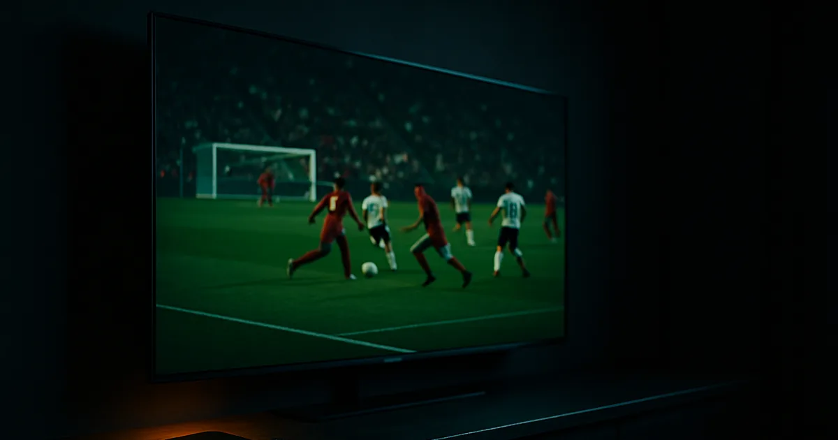 Duży telewizor w ciemnym salonie wyświetlający ostry mecz piłkarski w jakości Ultra HD, obok niewielki odtwarzacz strumieniowy i pilot na drewnianej konsoli.