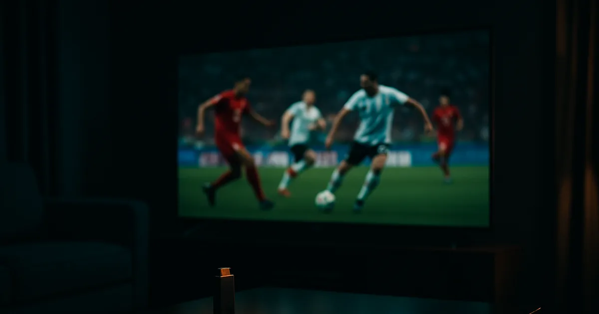 Ciemny salon nocą oświetlony zimnym blaskiem dużego telewizora z transmisją meczu piłki nożnej w pełnej jakości, z podłączonym streaming stickiem z boku ekranu