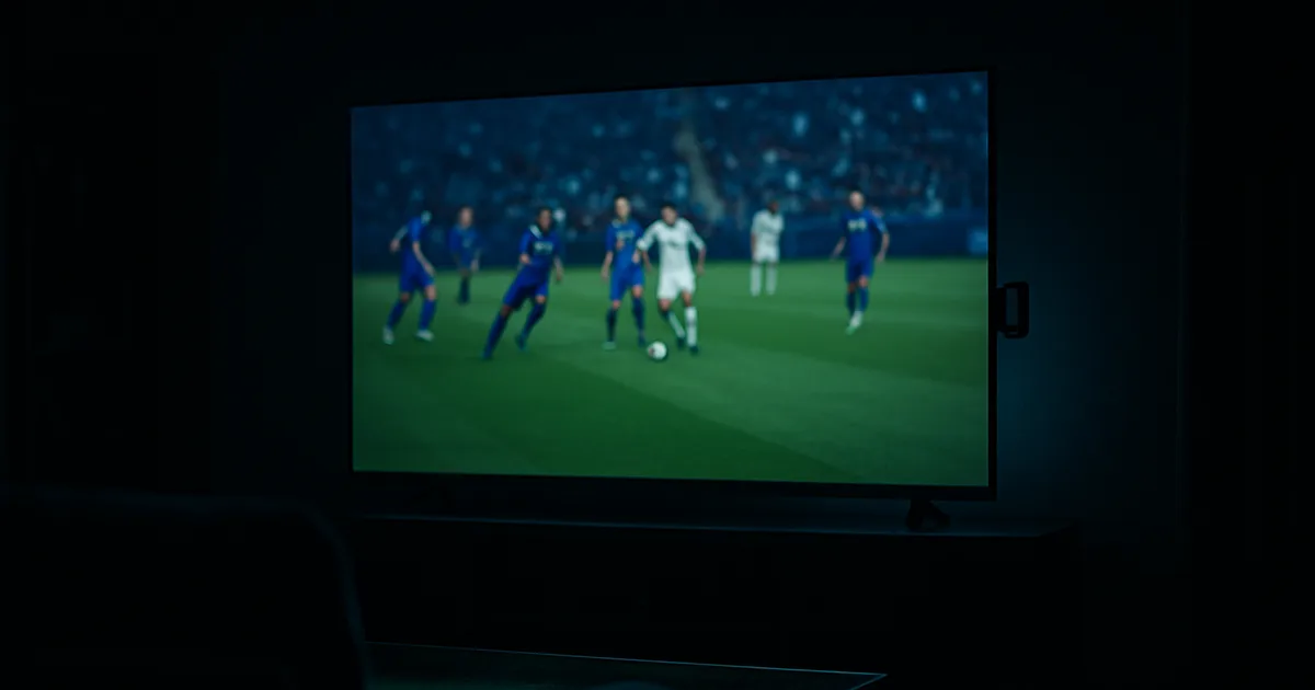 Ciemny salon nocą oświetlony zimnym blaskiem dużego telewizora z transmisją meczu piłki nożnej w pełnej jakości, z podłączonym streaming stickiem z boku ekranu