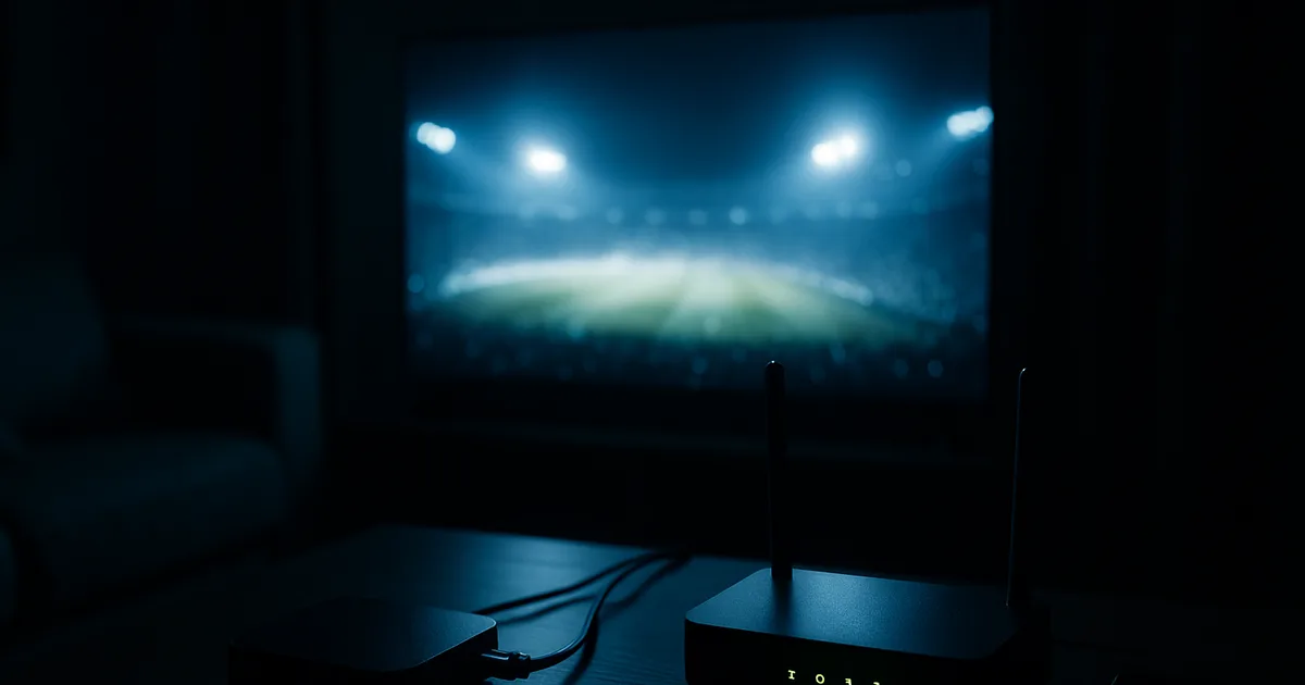 Ciemny salon nocą oświetlony niebieskim blaskiem telewizora z meczem na wypełnionym stadionie, na stoliku router i urządzenie do streamingu podłączone kablem oraz telefon jako sprzęt zapasowy.