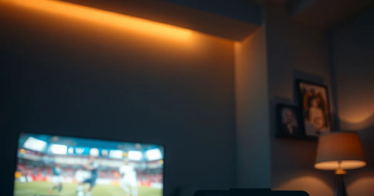 Nowoczesny salon nocą z telewizorem, tabletem i telefonem pokazującymi ten sam mecz, symbolizujący wybór między kablówką a IPTV