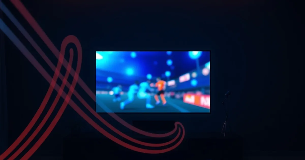Ciemny, kinowy salon nocą, telewizor emitujący niebiesko-pomarańczową poświatę transmisji sportowej, w tle sugestia trzech splatających się światłowodowych strumieni sygnału