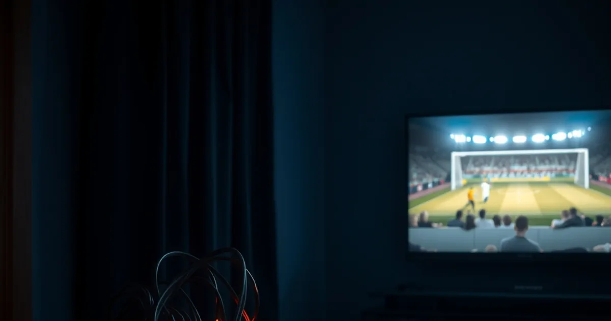 Ciemny, kinowy kadr salonu nocą z dekoderem kablowym po jednej stronie i smart TV streamującym mecz po drugiej, symbolizujący wybór między kablówką a IPTV