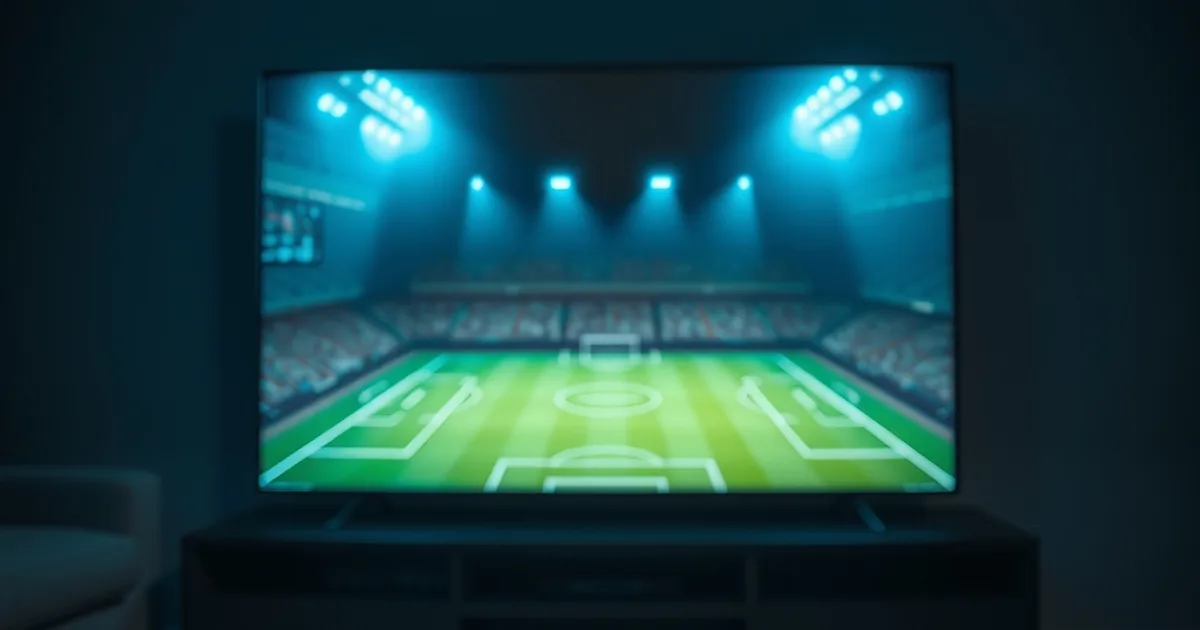 Ciemny, kinowy kadr salonu wieczorem z telewizorem emitującym mecz piłkarski i rachunkami za telewizję na stoliku