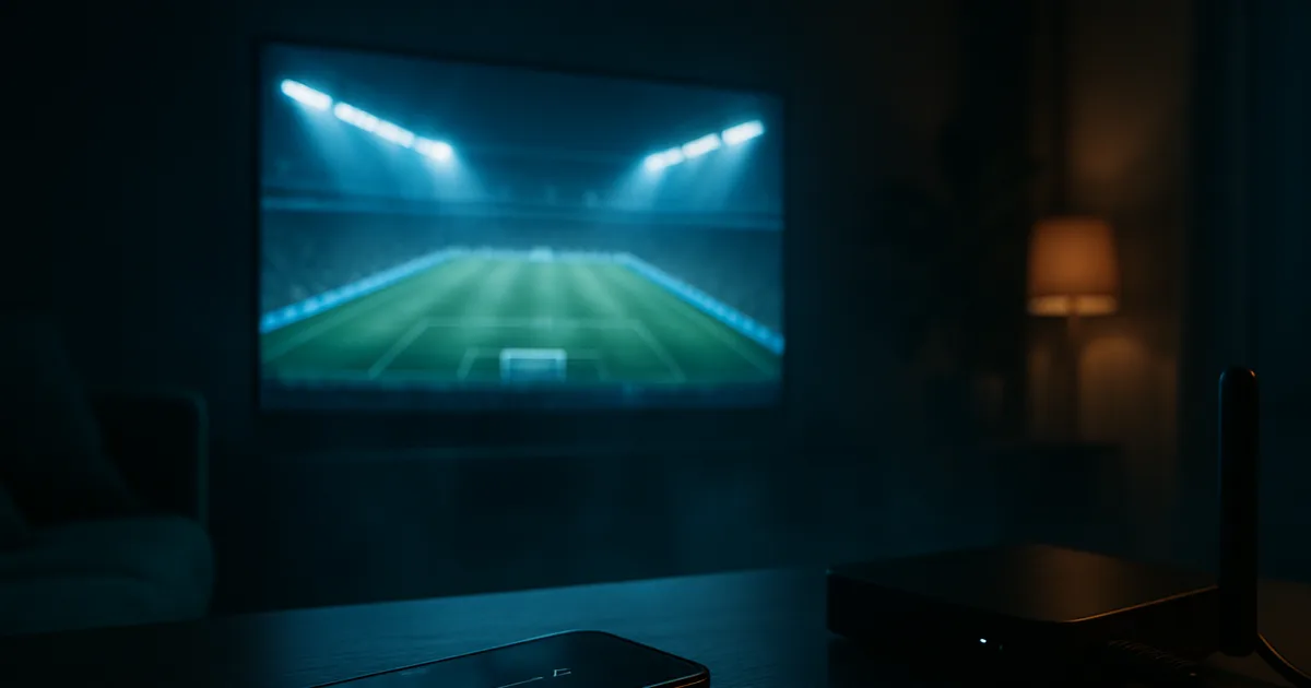 Ciemny salon nocą, na dużym telewizorze transmisja meczu piłkarskiego z oświetlonego stadionu, obok telefon z paskiem przewijania transmisji i dekoder podłączony kablem sieciowym