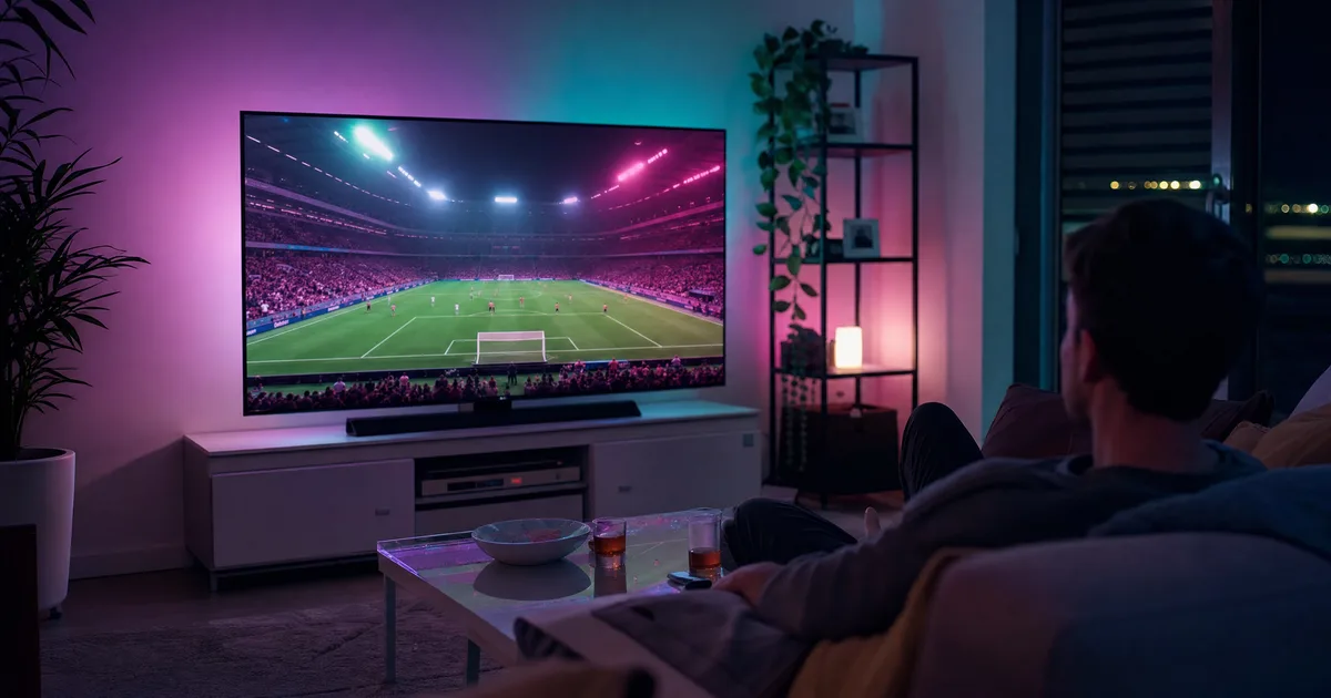 Salon wieczorem z polską transmisją telewizyjną na dużym telewizorze, chłodna atmosfera oglądania w domu i za granicą