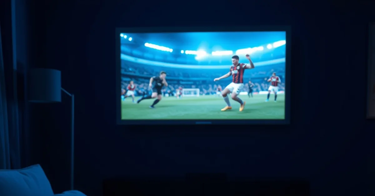 Ciemny salon nocą, telewizor emituje mecz piłkarski, na stoliku leży telefon i pilot do streamingu