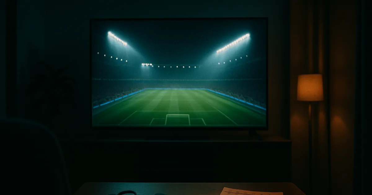 Ciemny salon nocą, na dużym telewizorze transmisja meczu piłkarskiego na oświetlonym reflektorami angielskim stadionie w deszczu, na stoliku pilot, przystawka streamingowa, telefon z drugim meczem i kalendarz z zakreśloną sierpniową datą