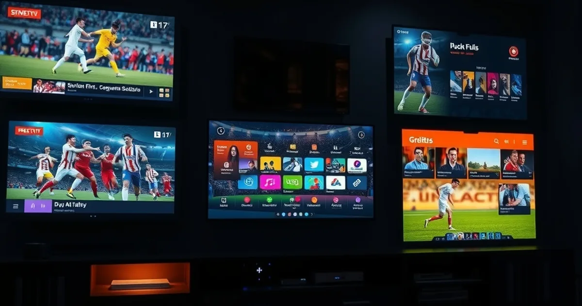 Ciemny salon nocą z kilkoma świecącymi ekranami pokazującymi jednocześnie mecz piłkarski, aplikację streamingową i przewodnik po kanałach, nastrojowe niebiesko-bursztynowe światło.