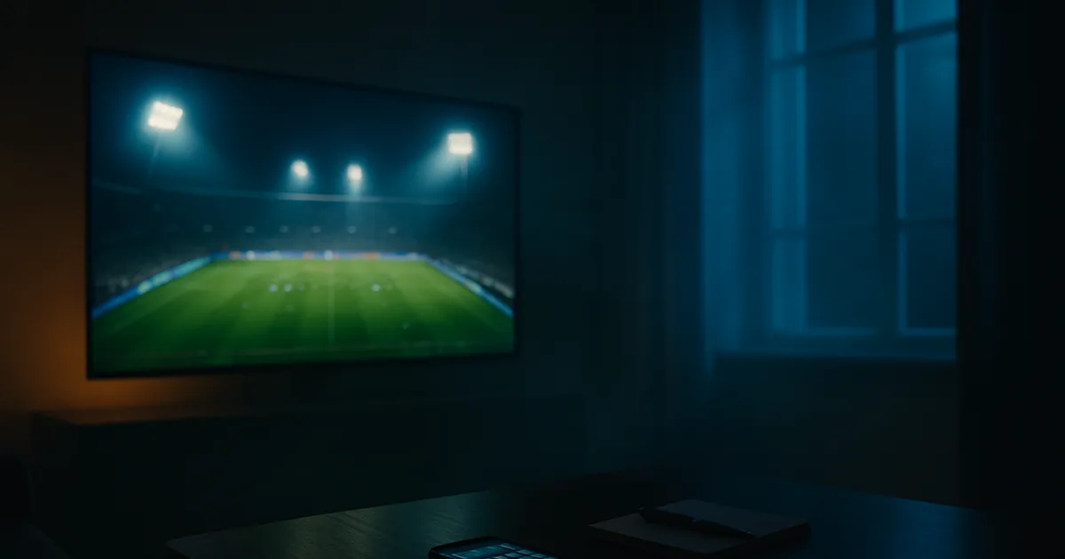 Ciemny salon nocą, na dużym telewizorze transmisja meczu piłkarskiego na stadionie w światłach jupiterów, a na stoliku obok smartfon z siatką kanałów telewizyjnych i notes z piórem