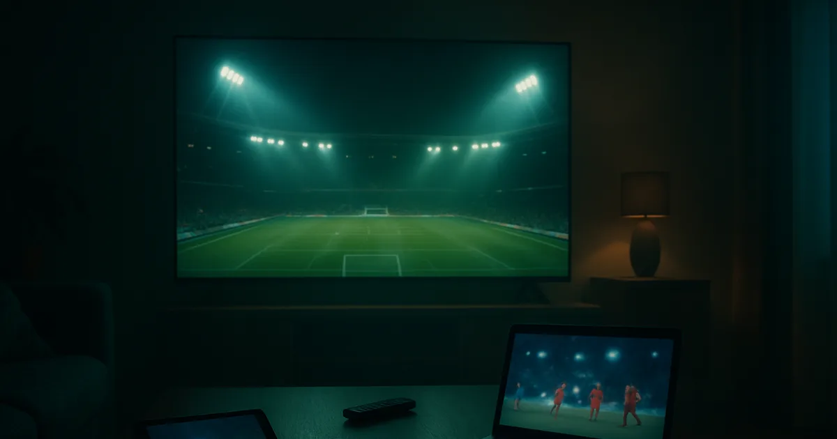 Ciemny salon nocą, na dużym telewizorze transmisja meczu piłkarskiego na stadionie w światłach jupiterów, a na stoliku obok smartfon z siatką kanałów telewizyjnych i notes z piórem