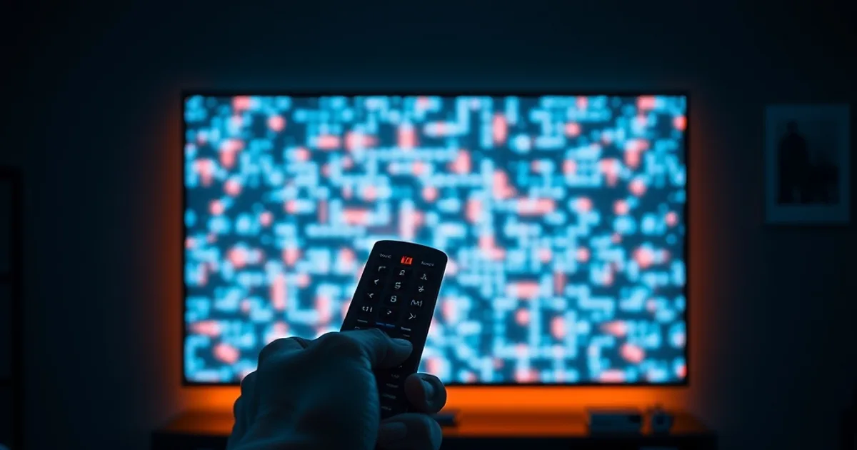 Ręka trzymająca pilota przed ekranem telewizora z niewyraźnym, świecącym kodem, w ciemnym, kinowym pomieszczeniu.