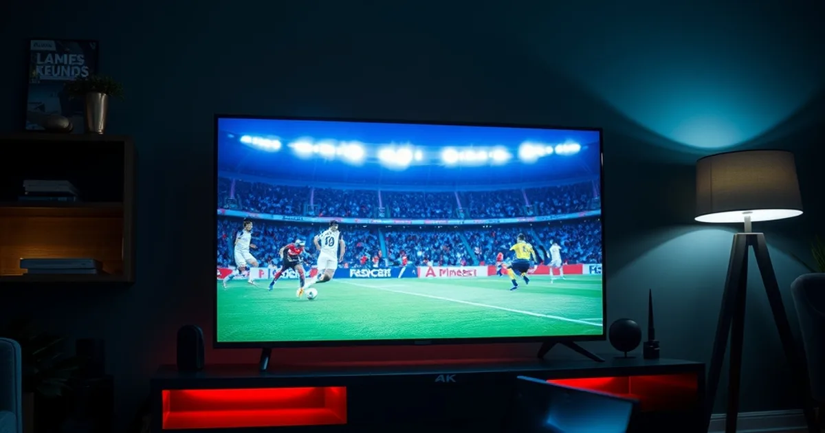 Nowoczesny salon nocą z telewizorem 4K pokazującym transmisję meczu na żywo i tabletem na stoliku, w klimacie kina